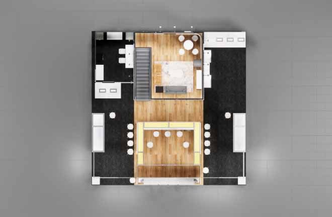 Goldin 40x40 Custom Double Decker Trade Show Exhibit Layout View