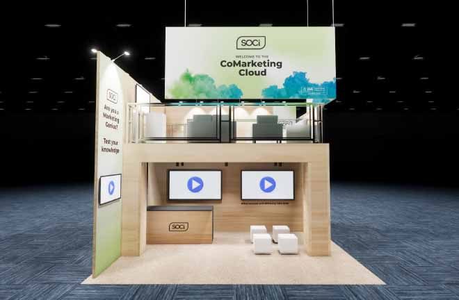 Soci 20x20 Custom Double Decker Trade Show Exhibit Front View